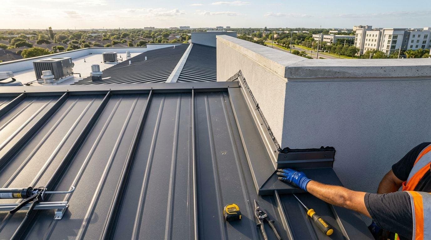 An installer working on long standing-seam metal roof panels on a commercial roof