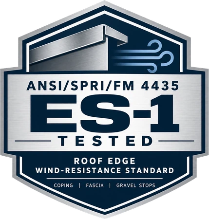 ANSI/SPRI/FM 4435 ES-1 Tested badge: Roof Edge Wind-Resistance Standard for coping, fascia and gravel stops