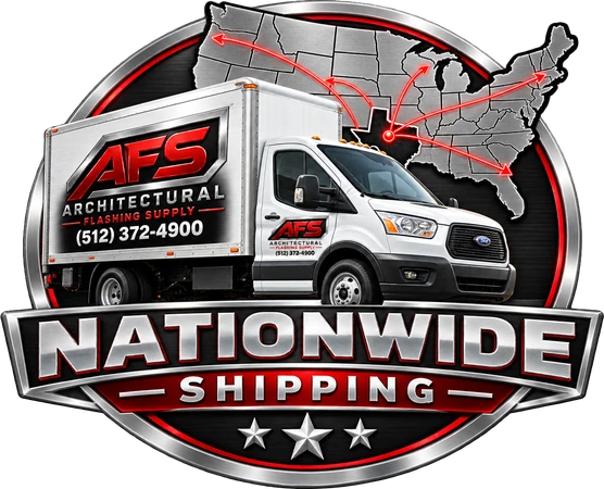 AFS Architectural Flashing Supply Nationwide Shipping badge: an AFS box truck in front of a US map with routes running out from Texas