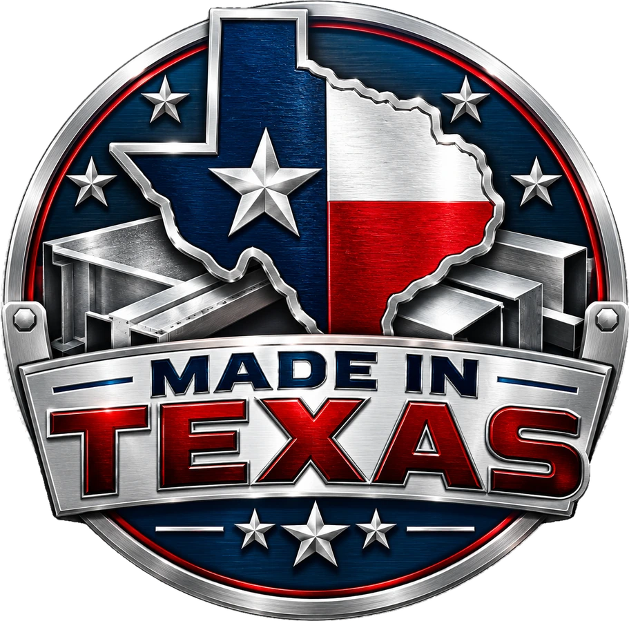 Made in Texas badge: the Texas flag on a state outline above formed sheet metal, with the words Made in Texas